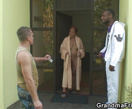 Old shaved granny poked by big black and white cocks